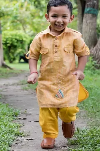 Mustard yellow embroidered cotton kurta pyjama