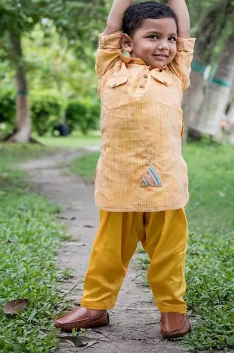 Mustard yellow embroidered cotton kurta pyjama