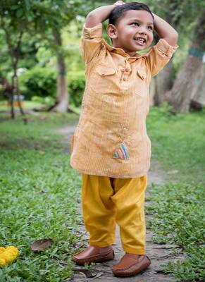 Mustard yellow embroidered cotton kurta pyjama 4