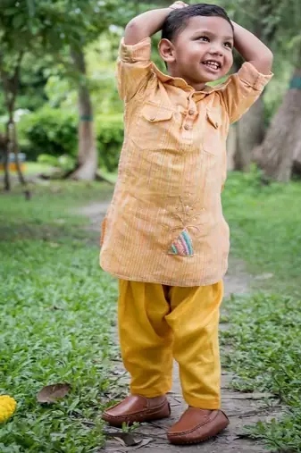 Mustard yellow embroidered cotton kurta pyjama