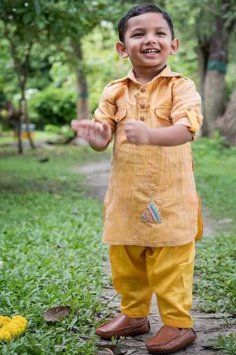 Mustard yellow embroidered cotton kurta pyjama
