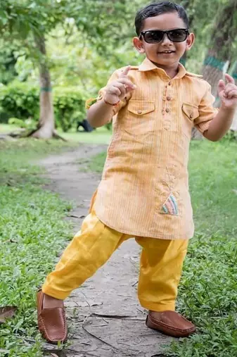 Mustard yellow embroidered cotton kurta pyjama