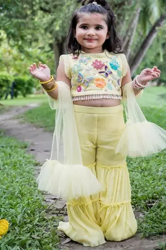 Yellow embroidered chiffon sharara