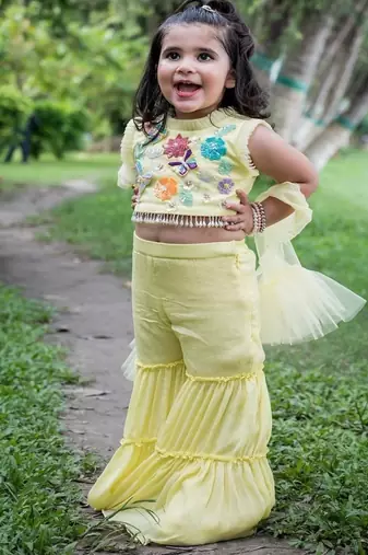 Yellow embroidered chiffon sharara