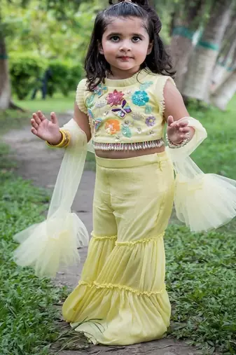 Yellow embroidered chiffon sharara