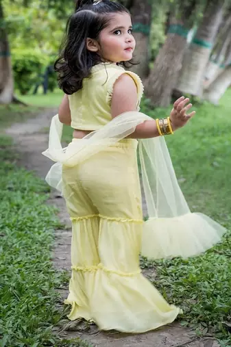 Yellow embroidered chiffon sharara