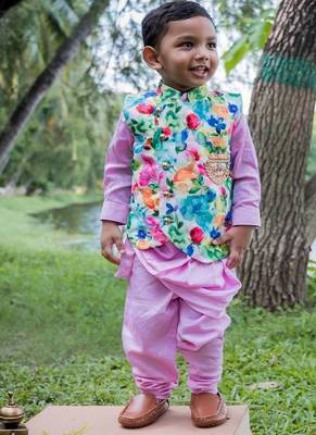 Multicolor printed satin nehru jacket set 1
