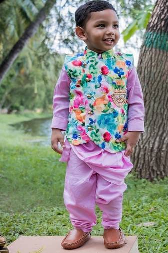 Multicolor printed satin nehru jacket set