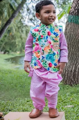 Multicolor printed satin nehru jacket set