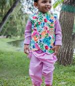 Multicolor printed satin nehru jacket set