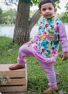 Multicolor printed satin nehru jacket set 2