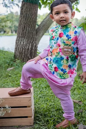 Multicolor printed satin nehru jacket set