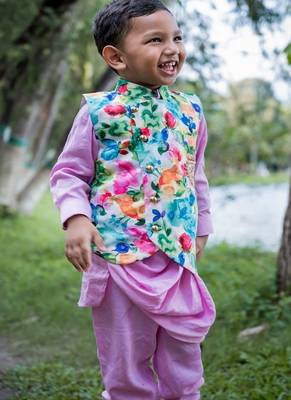 Multicolor printed satin nehru jacket set 4