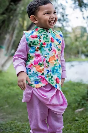 Multicolor printed satin nehru jacket set