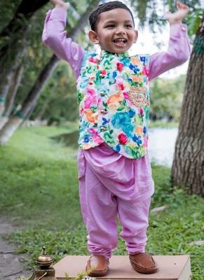 Multicolor printed satin nehru jacket set 5