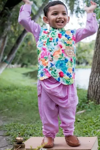 Multicolor printed satin nehru jacket set