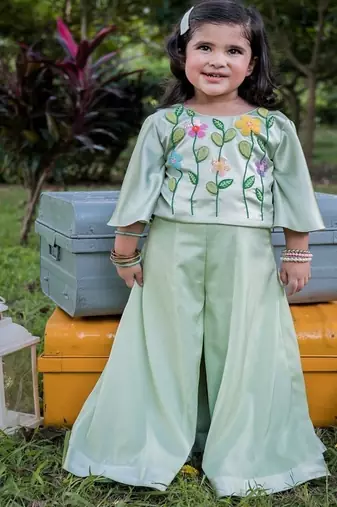 Green embroidered satin sharara