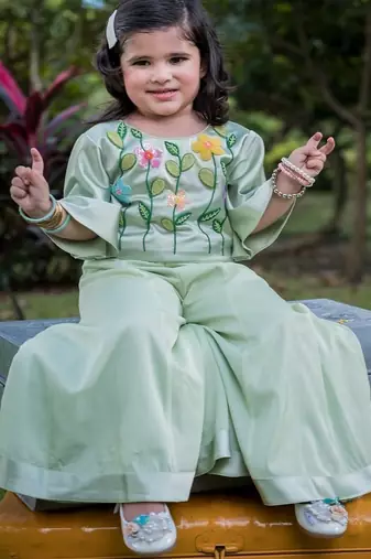 Green embroidered satin sharara