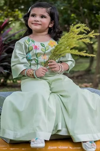 Green embroidered satin sharara