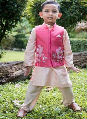 Pink embroidered cotton silk nehru jacket set 1