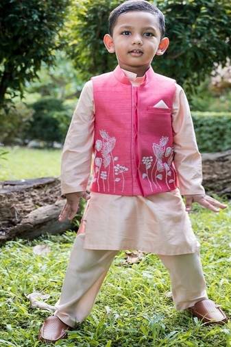 Pink embroidered cotton silk nehru jacket set
