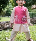 Pink embroidered cotton silk nehru jacket set