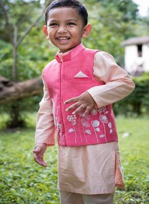Pink embroidered cotton silk nehru jacket set 2