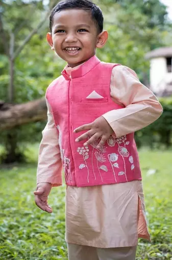 Pink embroidered cotton silk nehru jacket set