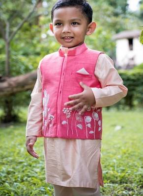 Pink embroidered cotton silk nehru jacket set 3