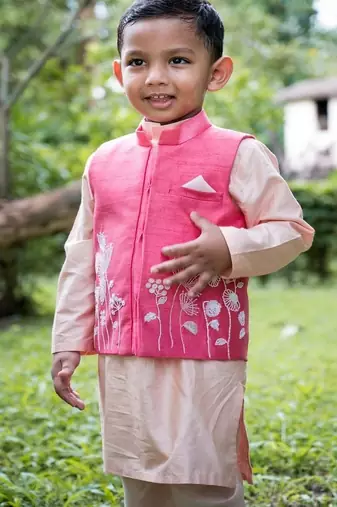 Pink embroidered cotton silk nehru jacket set