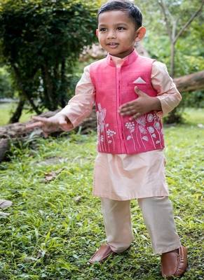 Pink embroidered cotton silk nehru jacket set 4