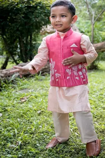 Pink embroidered cotton silk nehru jacket set