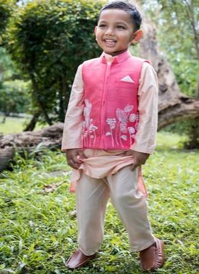 Pink embroidered cotton silk nehru jacket set 5