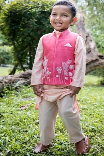 Pink embroidered cotton silk nehru jacket set