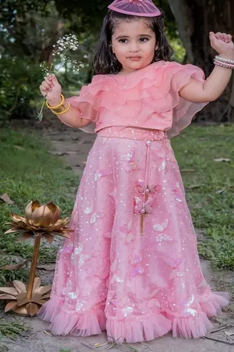 Pink embroidered net lehenga