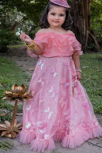 Pink embroidered net lehenga