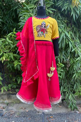 Pink embroidered cotton silk lehenga