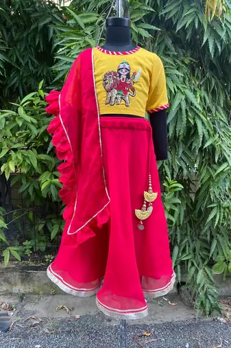 Pink embroidered cotton silk lehenga