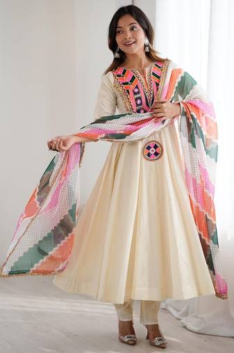 Off white elegance embroidered anarkali with leheriya dupatta