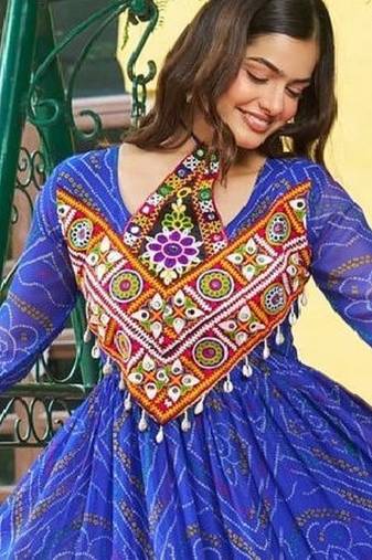 Royal blue bandhani flair navratri gown with kutchi patchwork