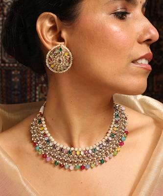 Vibrant multicolor stone choker set with kundan work 1