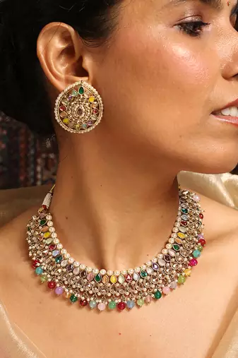 Vibrant multicolor stone choker set with kundan work