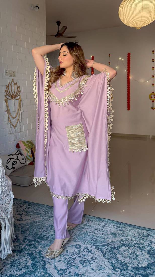 Lavender luxe chinon silk kaftan set