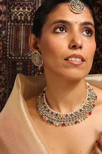 Vibrant multicolor stone choker set with kundan work
