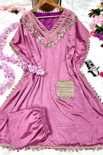 Lavender luxe chinon silk kaftan set