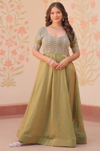 Olive radiance fendy silk embroidered gown