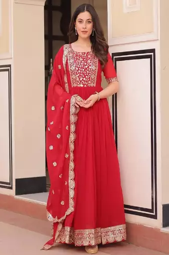 Regal red zari embroidered gown set