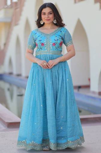 blue gold crush anarkali gown with embroidered sequins work