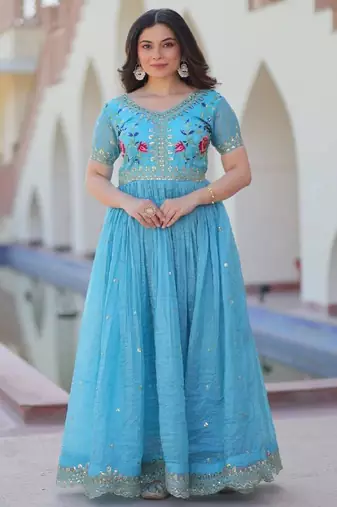 blue gold crush anarkali gown with embroidered sequins work