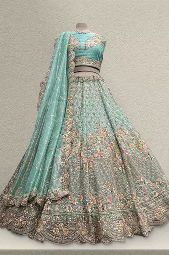 Teal Blue Tissue Silk Partywear Flared Lehenga with Unstitched Blouse